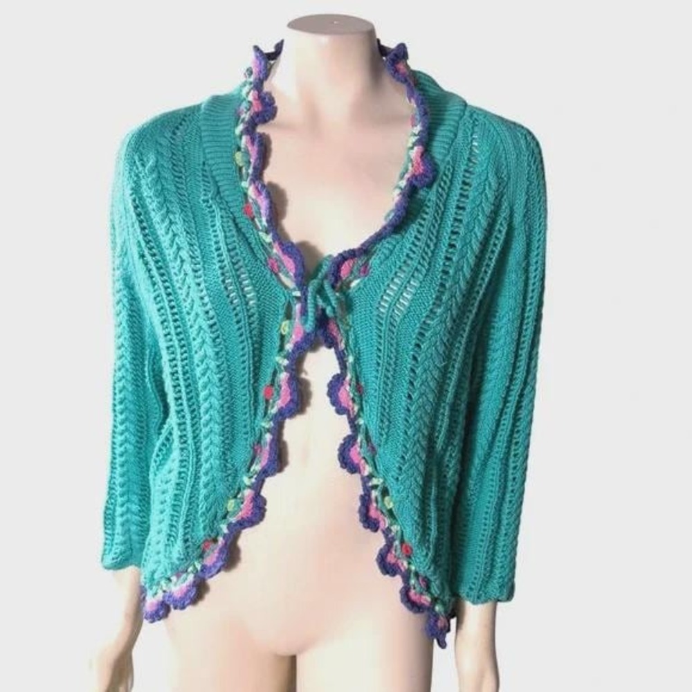 Relativity Teal Crochet Knit Cardigan Open Front‎ Boho Tie Sweater Cottagecore